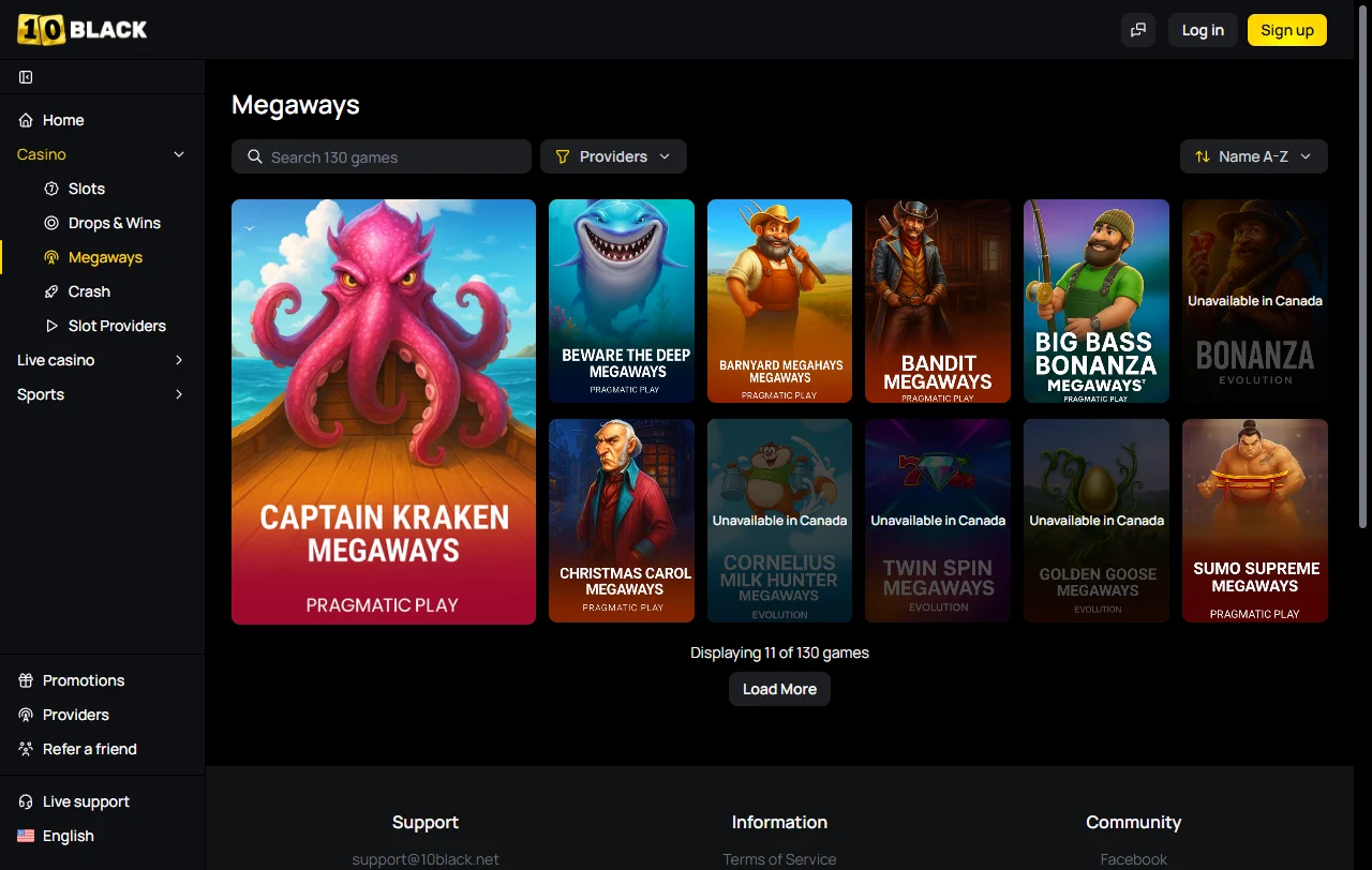 Catálogo de slots do 10Black com filtros por estúdio e por categoria