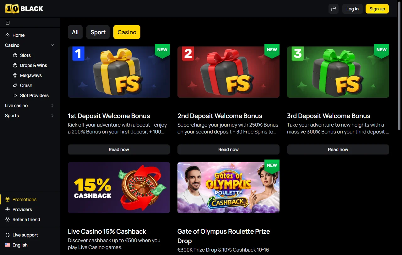 Página de promoções do 10Black com bónus de boas-vindas e cashback semanal