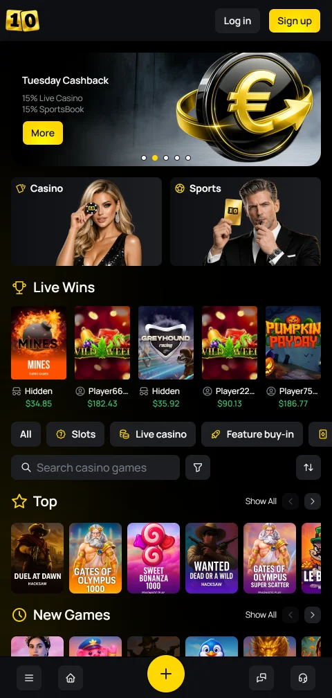 Interface móvel do 10Black no navegador, com tema escuro e menu de categorias