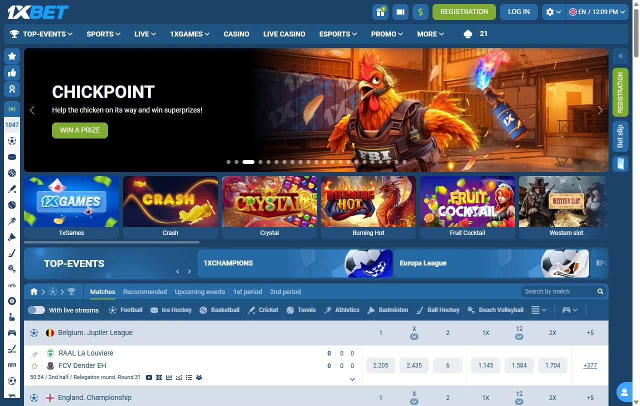 Página inicial da 1xBet com acesso ao lobby de jogos em euros