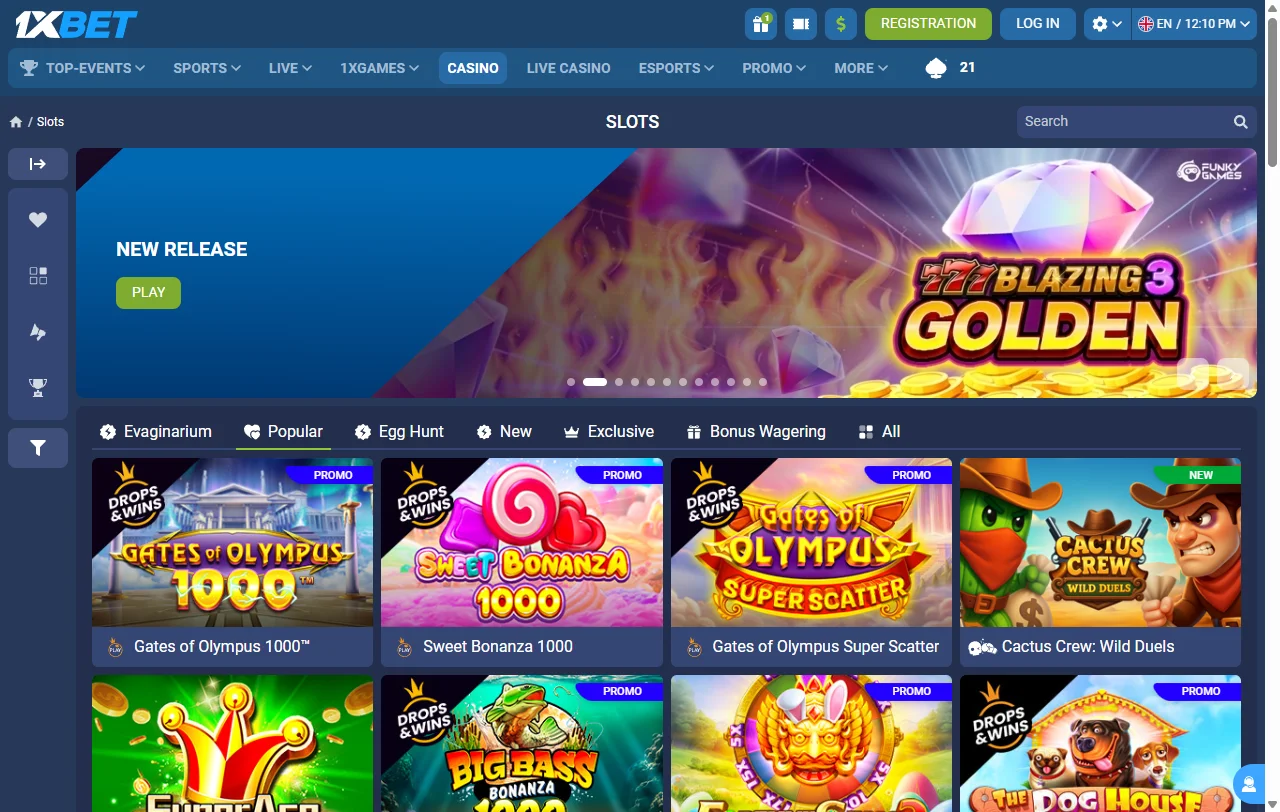 Catálogo de slots da 1xBet com filtros por estúdio e volatilidade