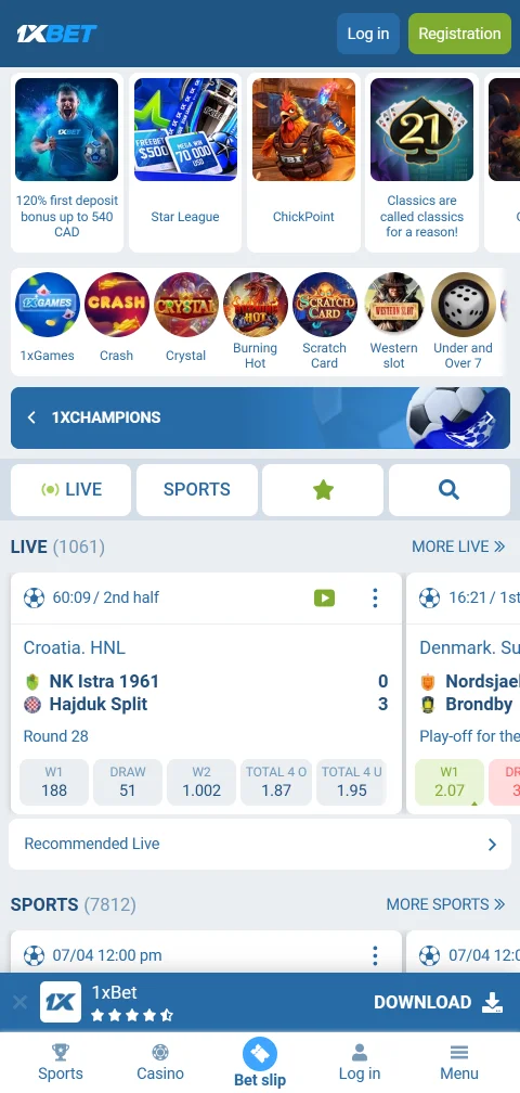 Aplicação móvel da 1xBet com navegação por categorias de jogo