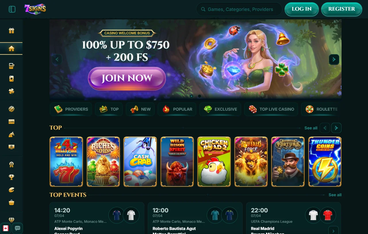 Página inicial do 7Signs Casino com o lobby em português e promoções