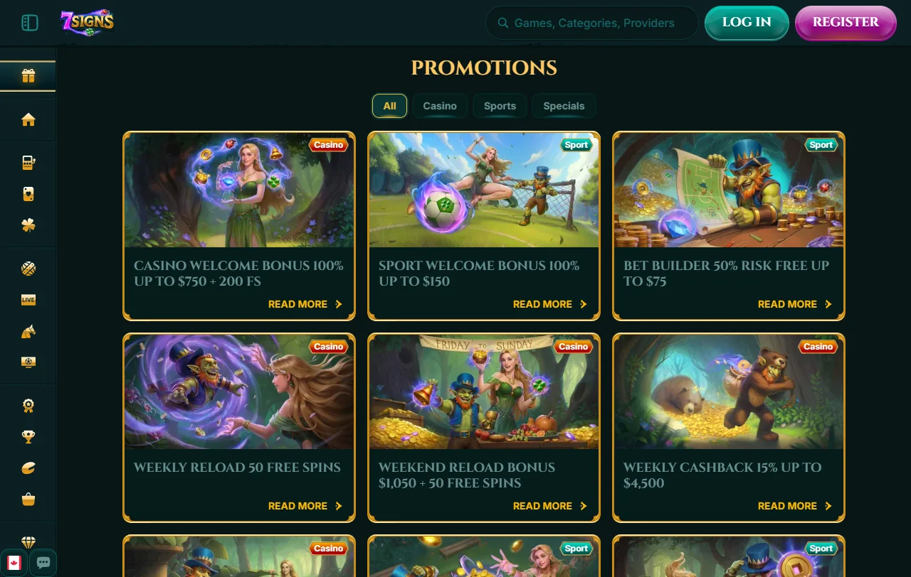 Área de bónus do 7Signs Casino com os sete símbolos de boas-vindas