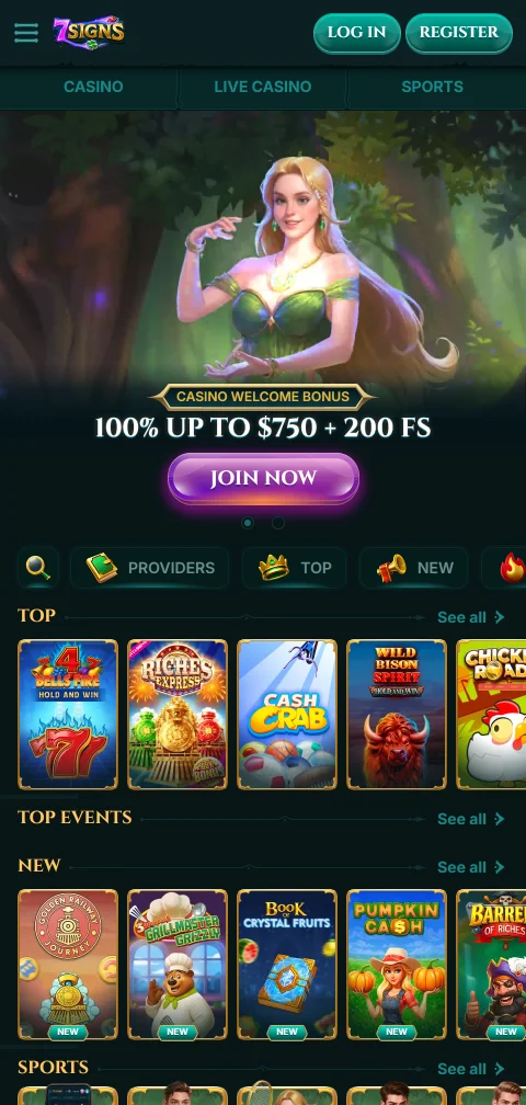 7Signs Casino em telemóvel com lobby adaptado ao ecrã vertical