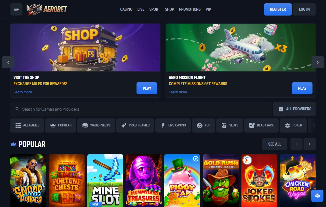 Página inicial do AeroBet Casino com temática de aviação e catálogo destacado