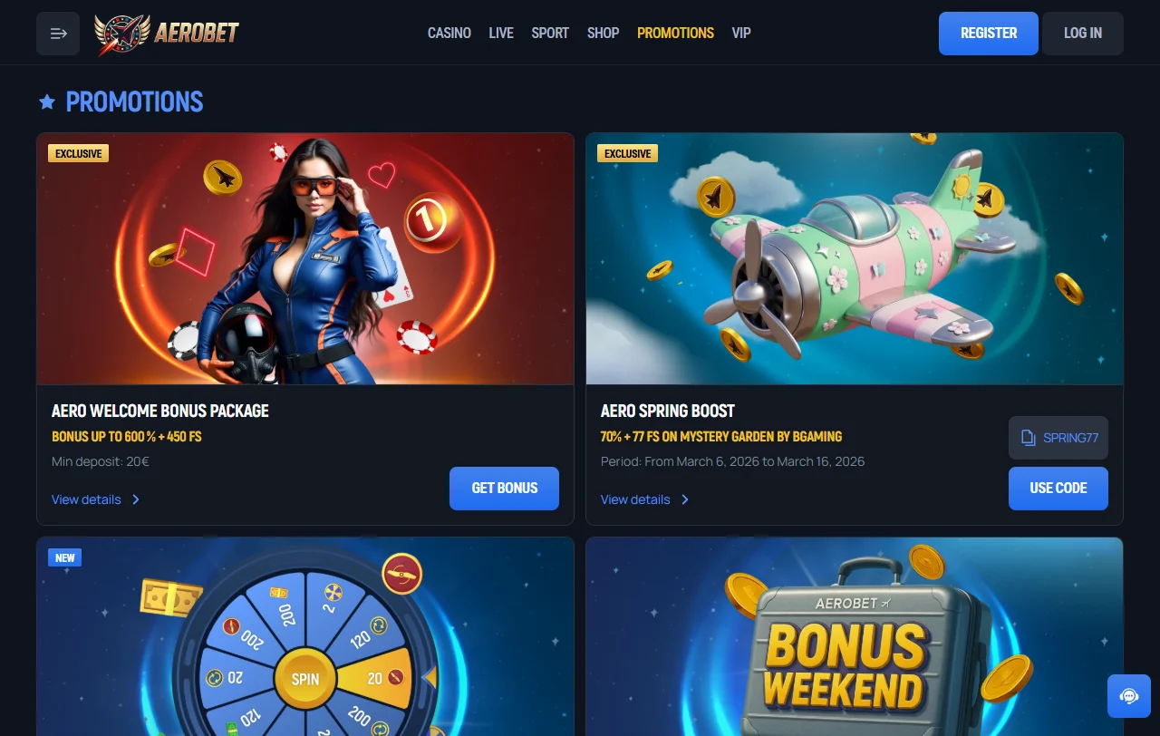Lobby de slots do AeroBet Casino com títulos da Pragmatic Play e Hacksaw Gaming