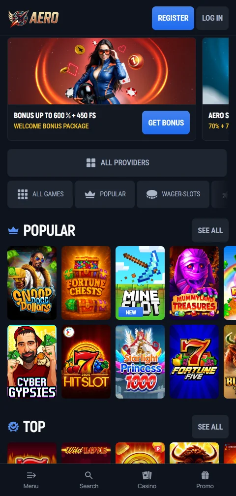 Versão móvel do AeroBet Casino aberta como PWA no navegador do telemóvel
