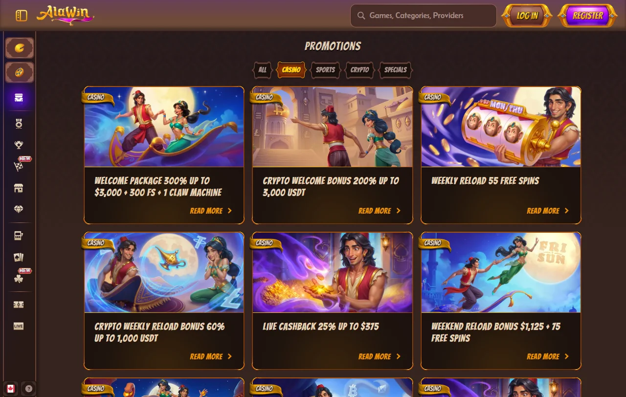Catálogo de slots e mesas ao vivo do Alawin com fornecedores agregados