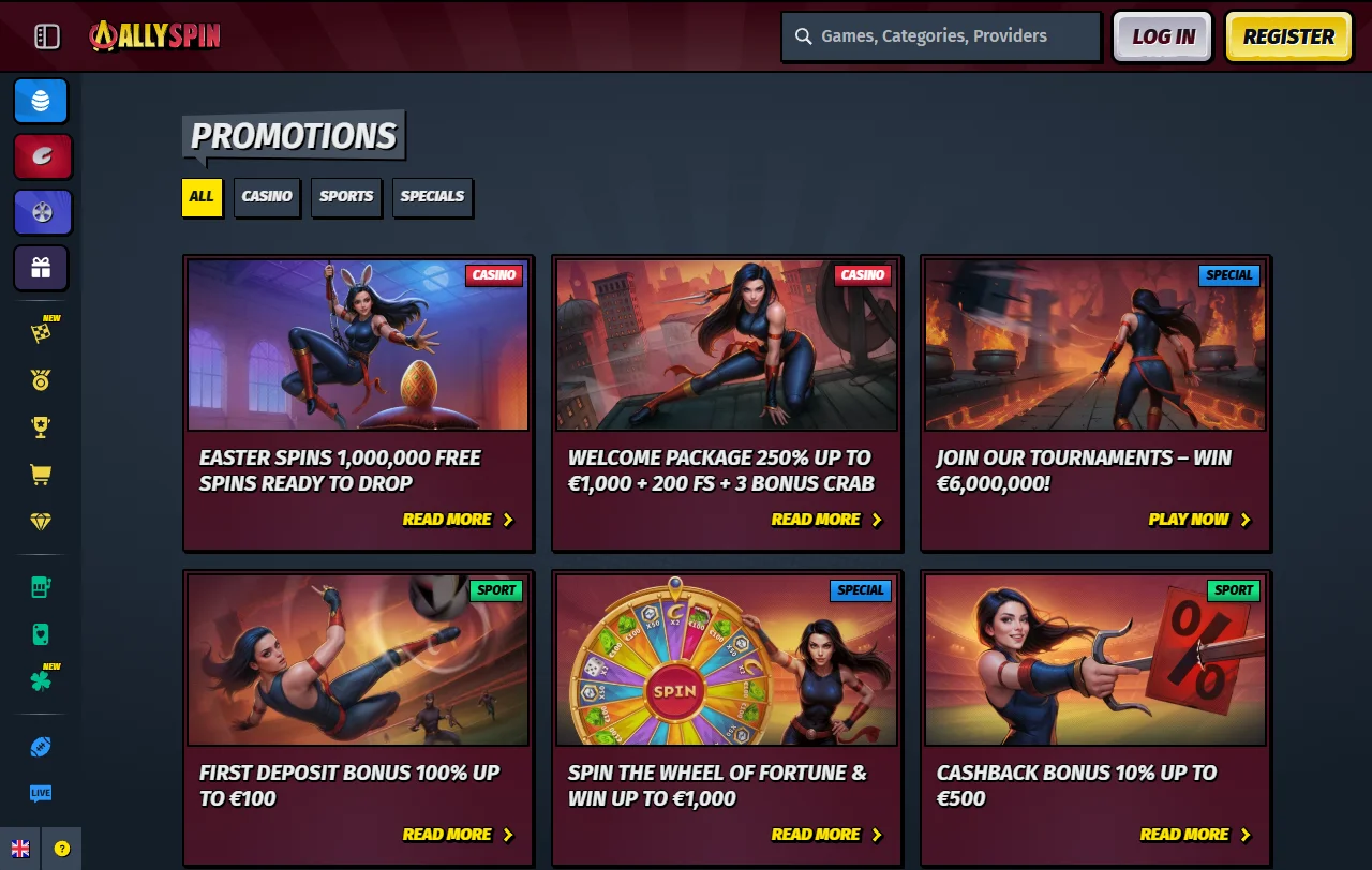 Pacote de boas-vindas do Allyspin Casino de 250% até 1 000 € com 35x
