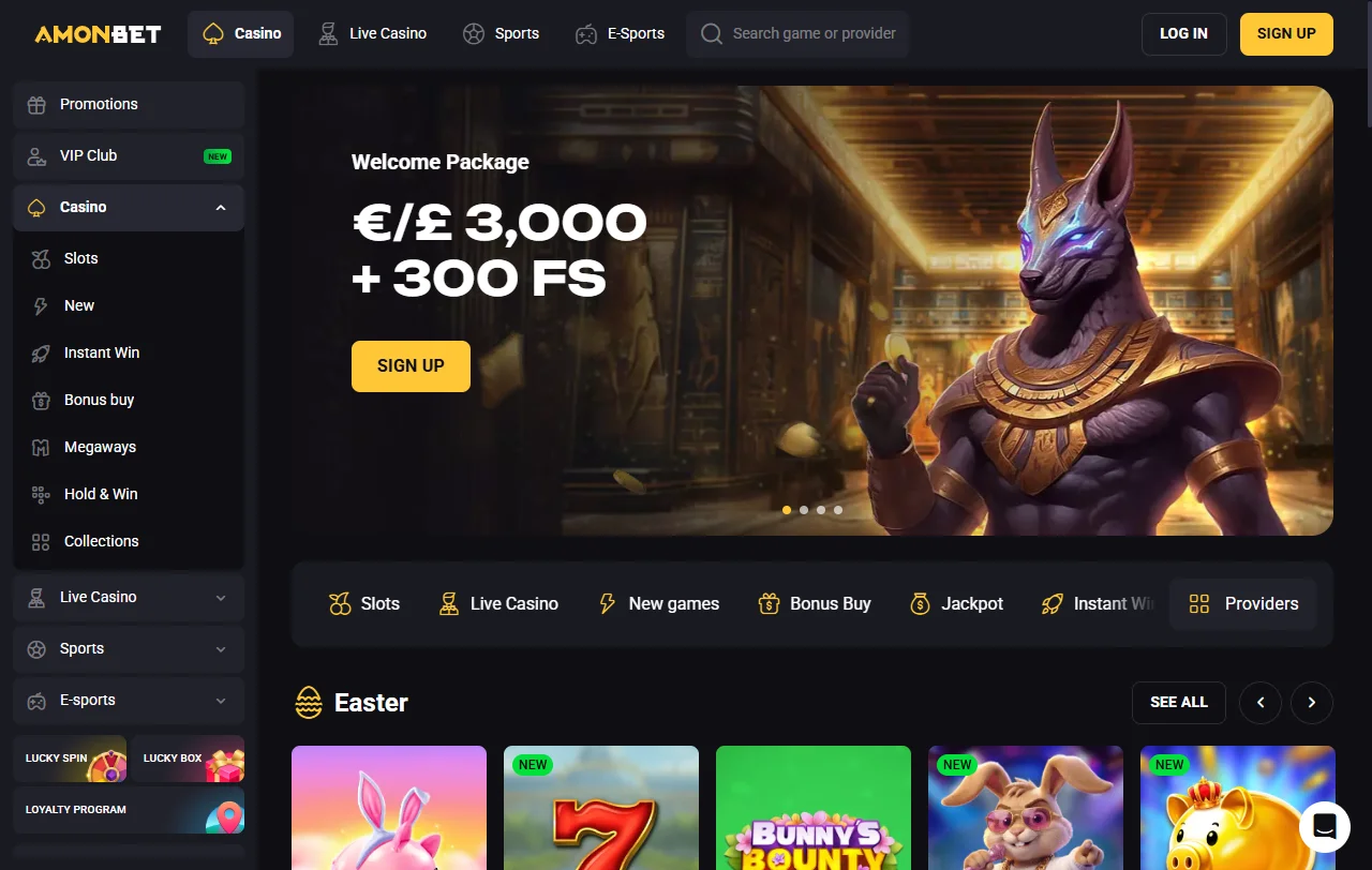 Visão geral do AmonBet Casino para jogadores em Portugal, com desporto e slots