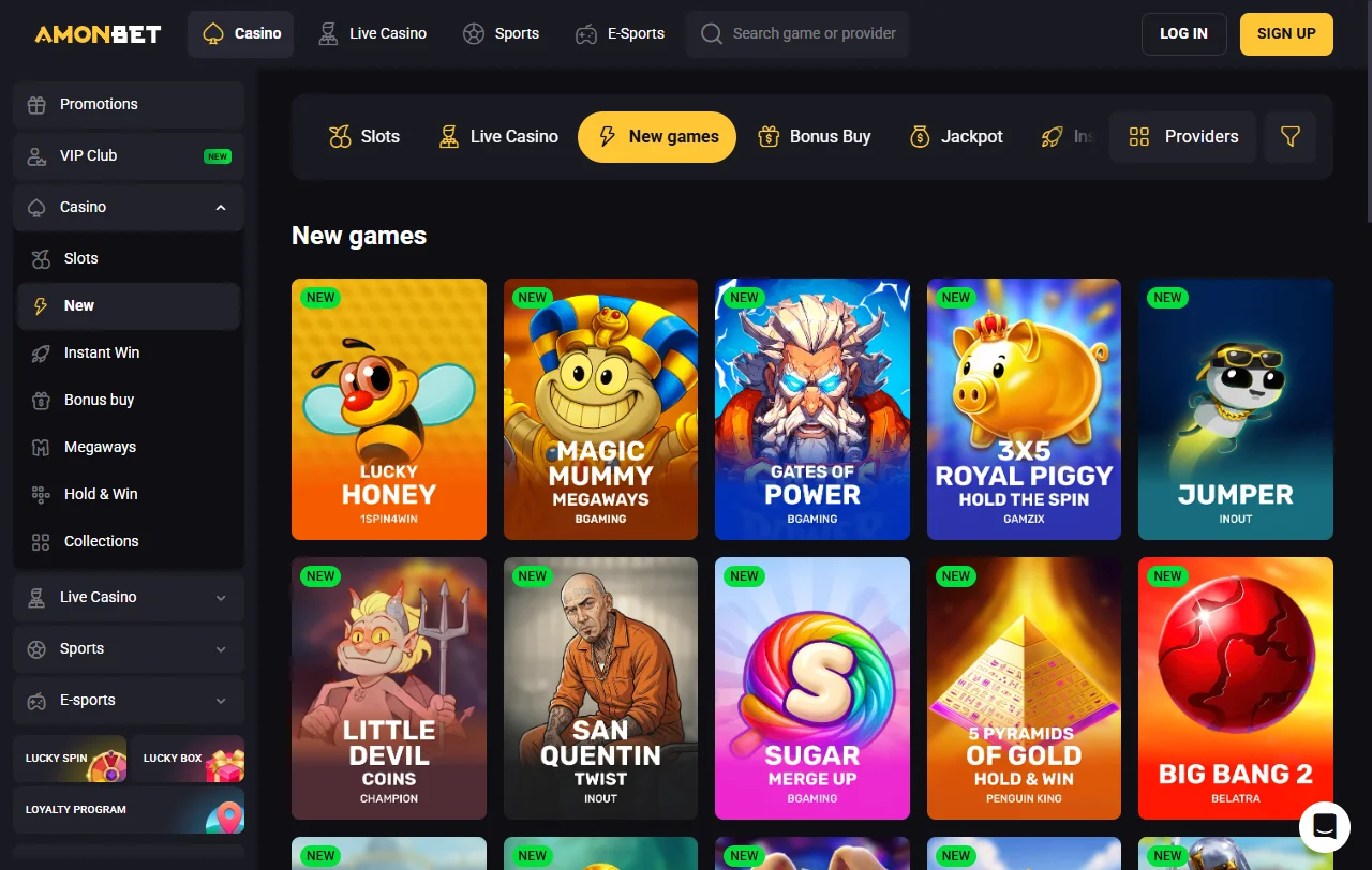 Catálogo do AmonBet Casino com slots da Pragmatic Play e da Nolimit City