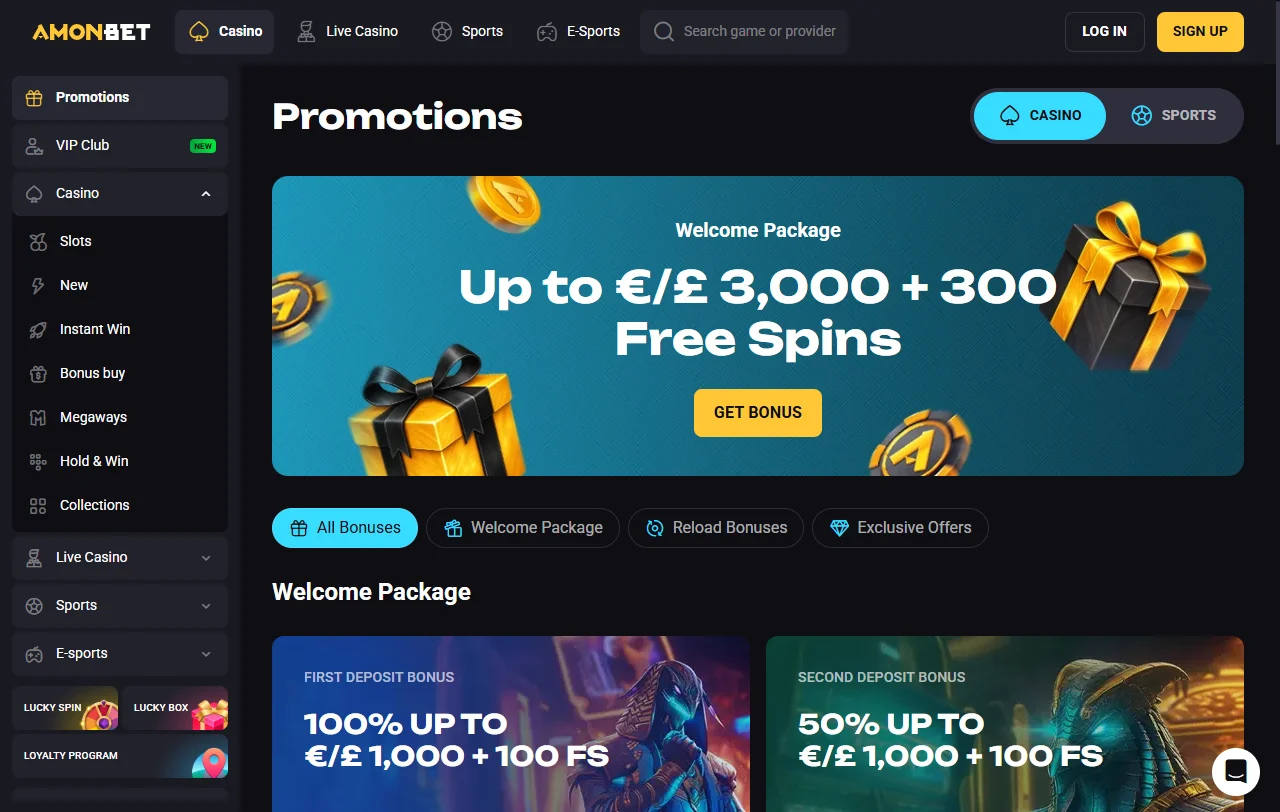 Pacote de boas-vindas do AmonBet Casino até 3 000 € com 300 free spins