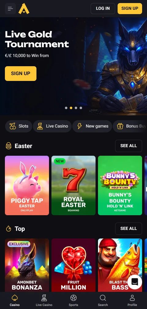AmonBet Casino no navegador do telemóvel, sem aplicação nativa para instalar