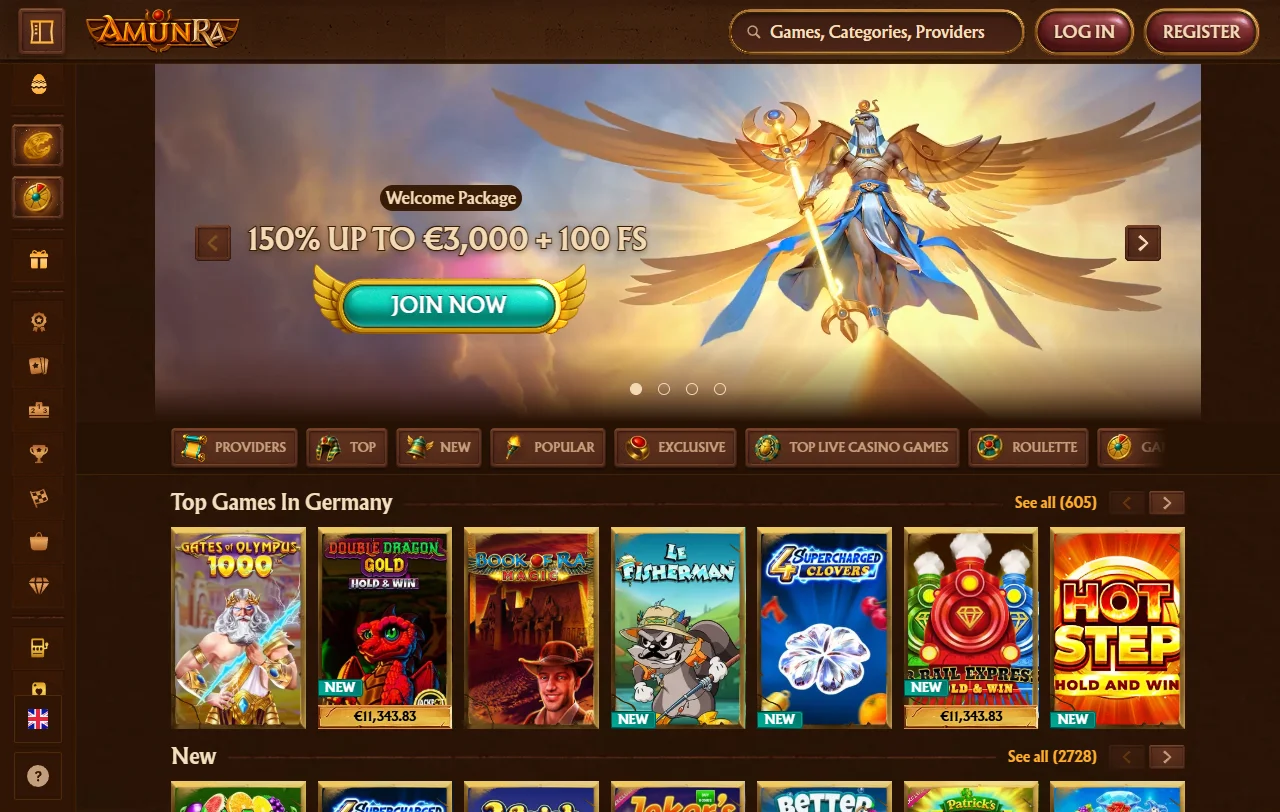 Lobby do AmunRa Casino com filtros por estúdio e categorias de jogo