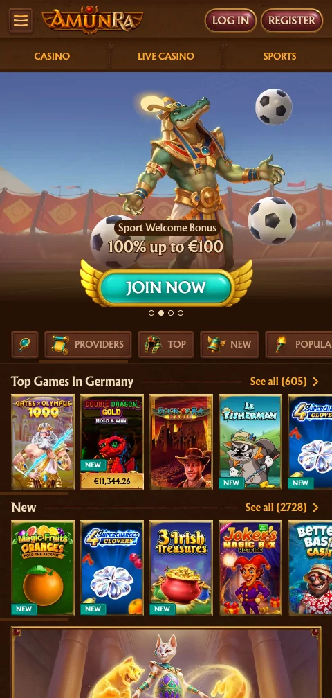 AmunRa Casino em telemóvel com o lobby adaptado a ecrã pequeno