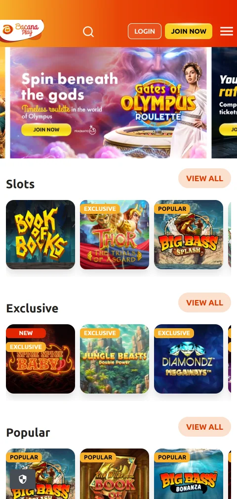 Bacana Play em ecrã de telemóvel com lobby organizado por categorias