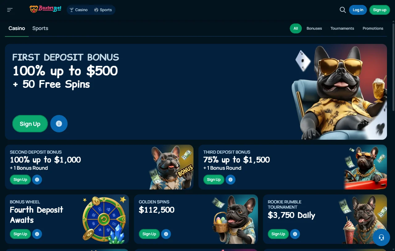 Bónus de primeiro depósito e wagering de 35x do Baxterbet Casino