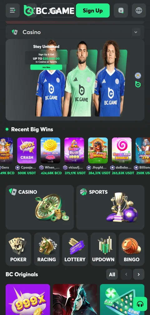 BC Game Casino em telemóvel, com lobby adaptado a ecrã pequeno