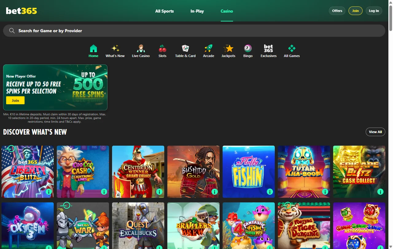 Visão geral da oferta de jogo da bet365 Casino para leitores portugueses
