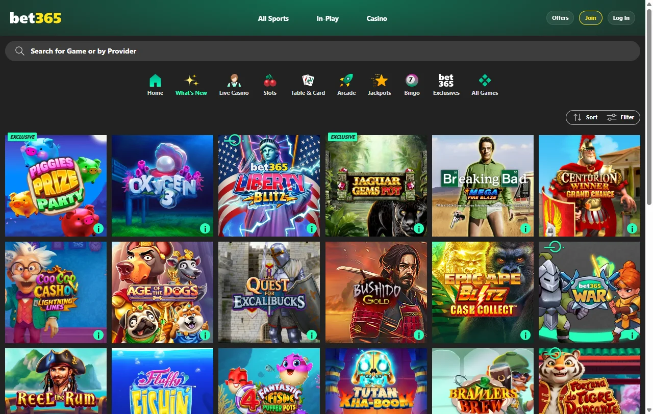 Catálogo de slots e mesas da bet365 Casino com estúdios Playtech e NetEnt