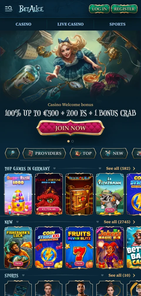 BetAlice Casino no navegador do telemóvel, com apostas ao vivo e cash out