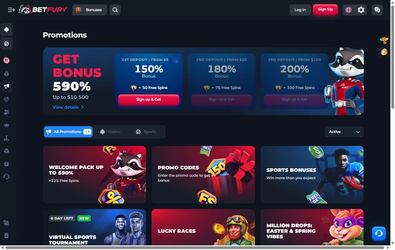 Catálogo do BetFury com mais de 11.000 jogos de 70 fornecedores