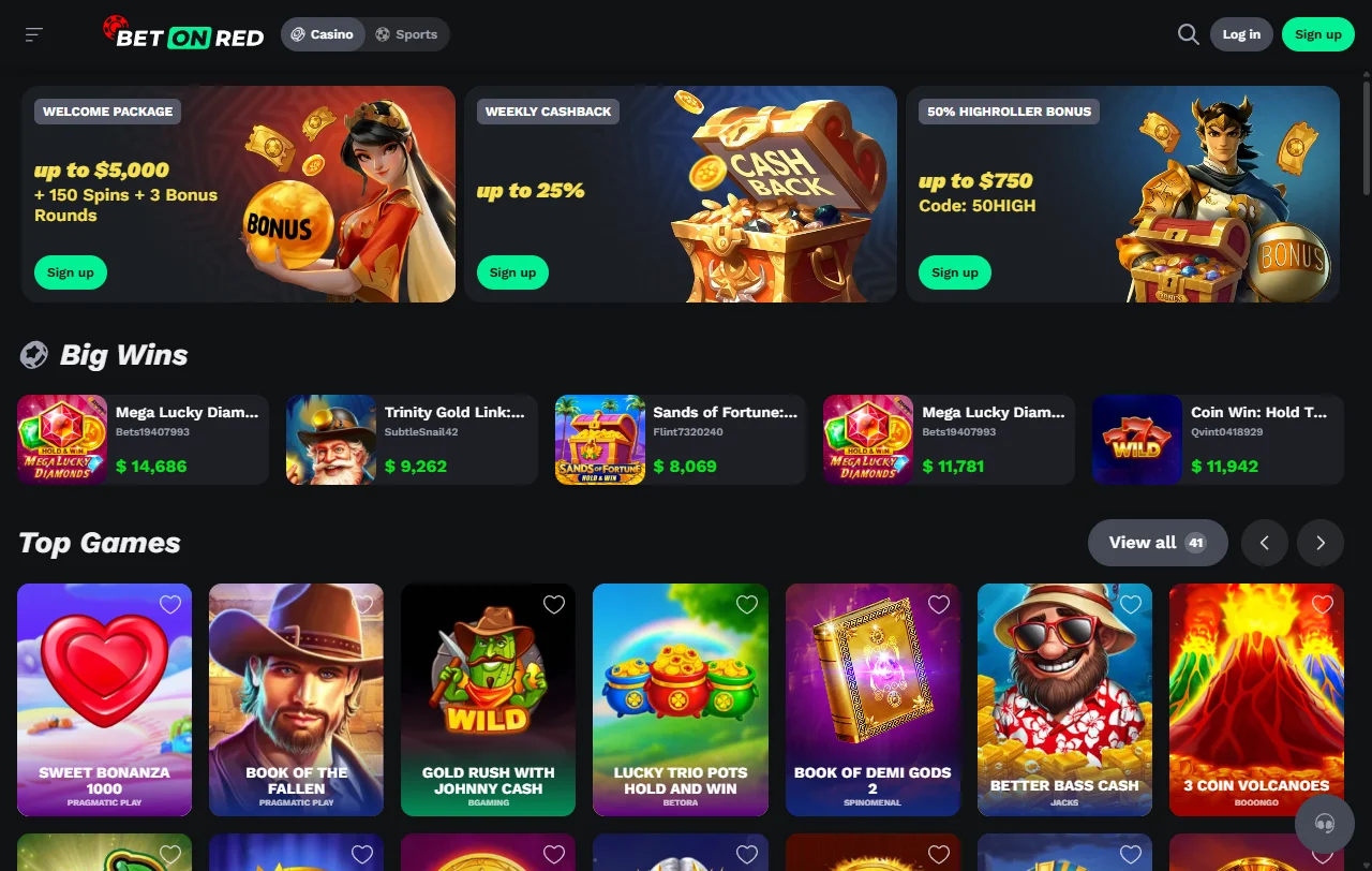 Catálogo do BetOnRed com slots da Pragmatic Play, Hacksaw Gaming e Nolimit City