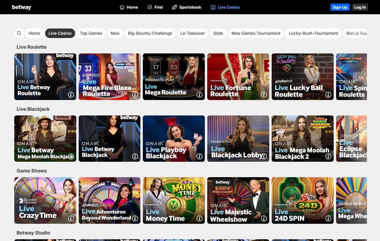 Catálogo de slots e mesas da Betway Casino abastecido pela Games Global