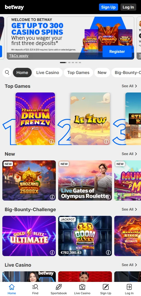 Betway Casino em telemóvel com desporto e jogos na mesma conta
