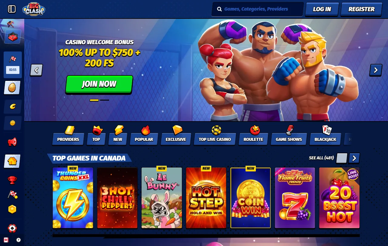 Visão geral do BigClash Casino com secções de jogo e boletim desportivo