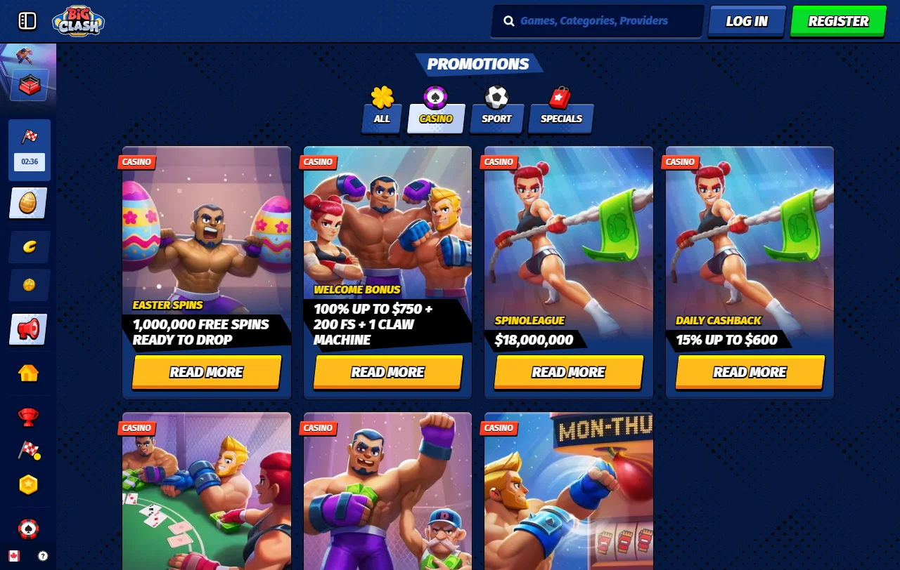 Catálogo de slots e mesas ao vivo do BigClash Casino por fornecedor