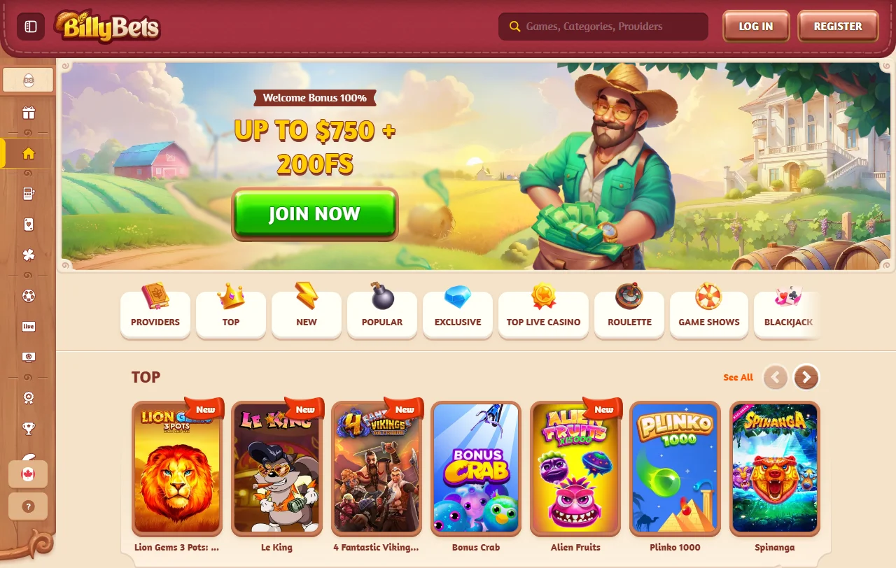 Página inicial do BillyBets com casino e apostas desportivas no mesmo saldo