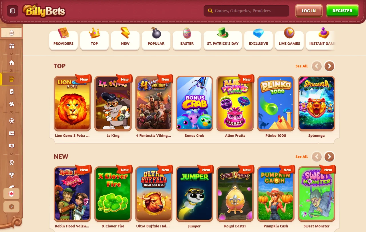 Catálogo de slots e mesas ao vivo do BillyBets com mais de 17.000 títulos