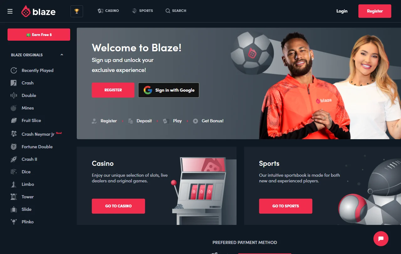 Página inicial da Blaze Casino com secções de jogo e desporto