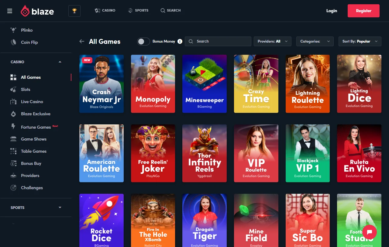 Catálogo de slots da Blaze Casino com filtros por fornecedor