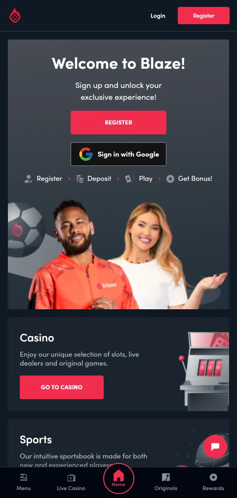Blaze Casino em ecrã de telemóvel com menu de jogo adaptado