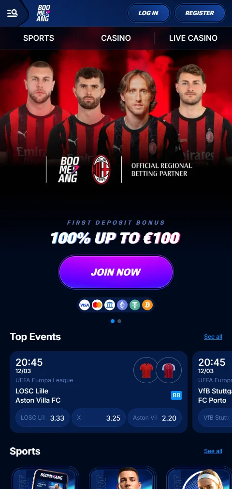 Boomerang Casino em ecrã de telemóvel através da interface HTML5 do navegador