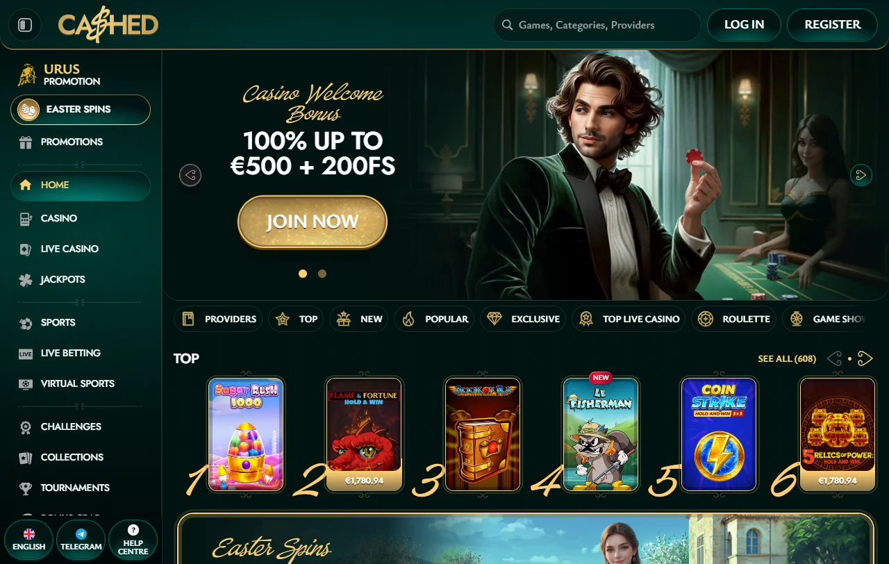 Página inicial do Cashed Casino com catálogo acima de 9 000 jogos