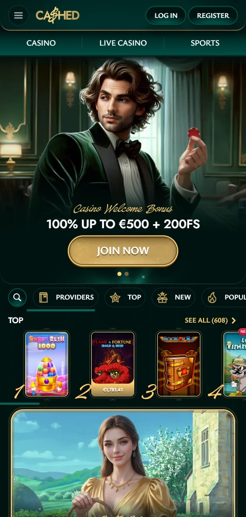 Cashed Casino em telemóvel, acedido pelo navegador sem aplicação nativa