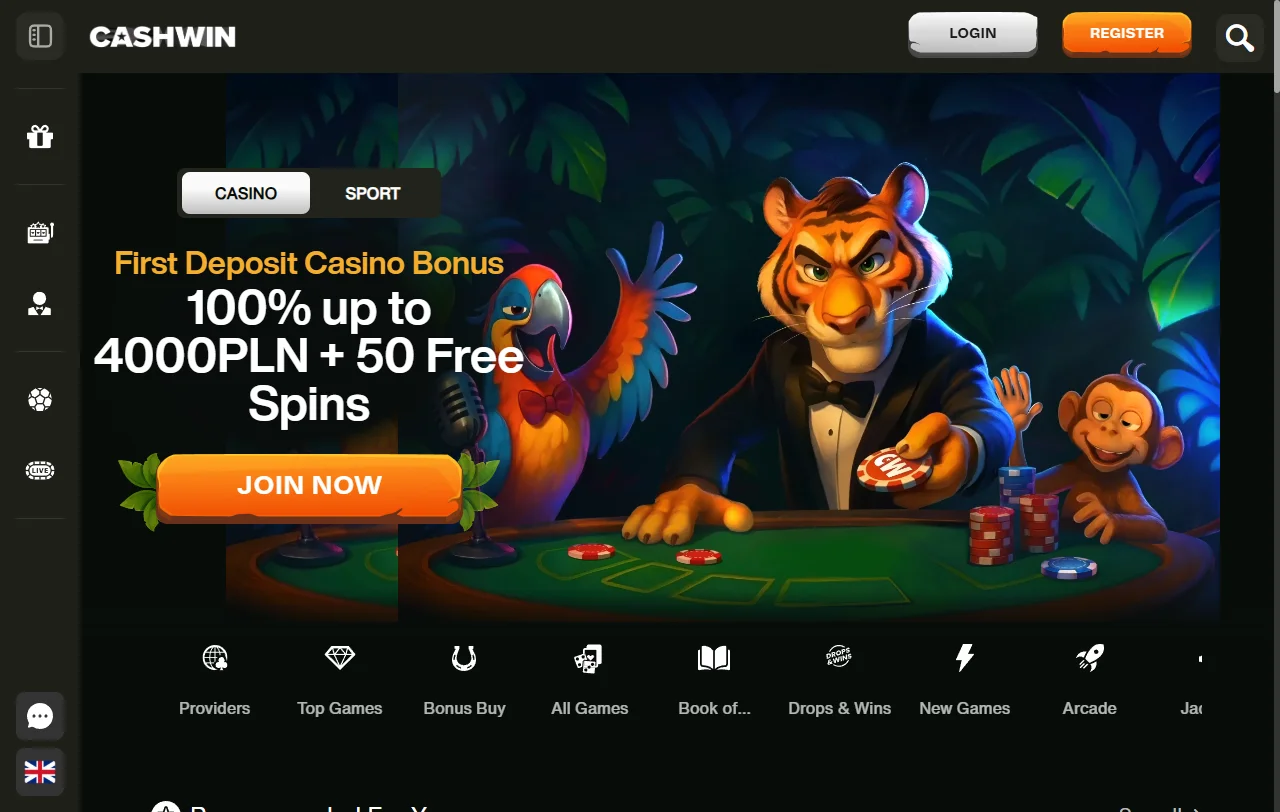 Página inicial do CashWin Casino com o pacote de boas-vindas em euros
