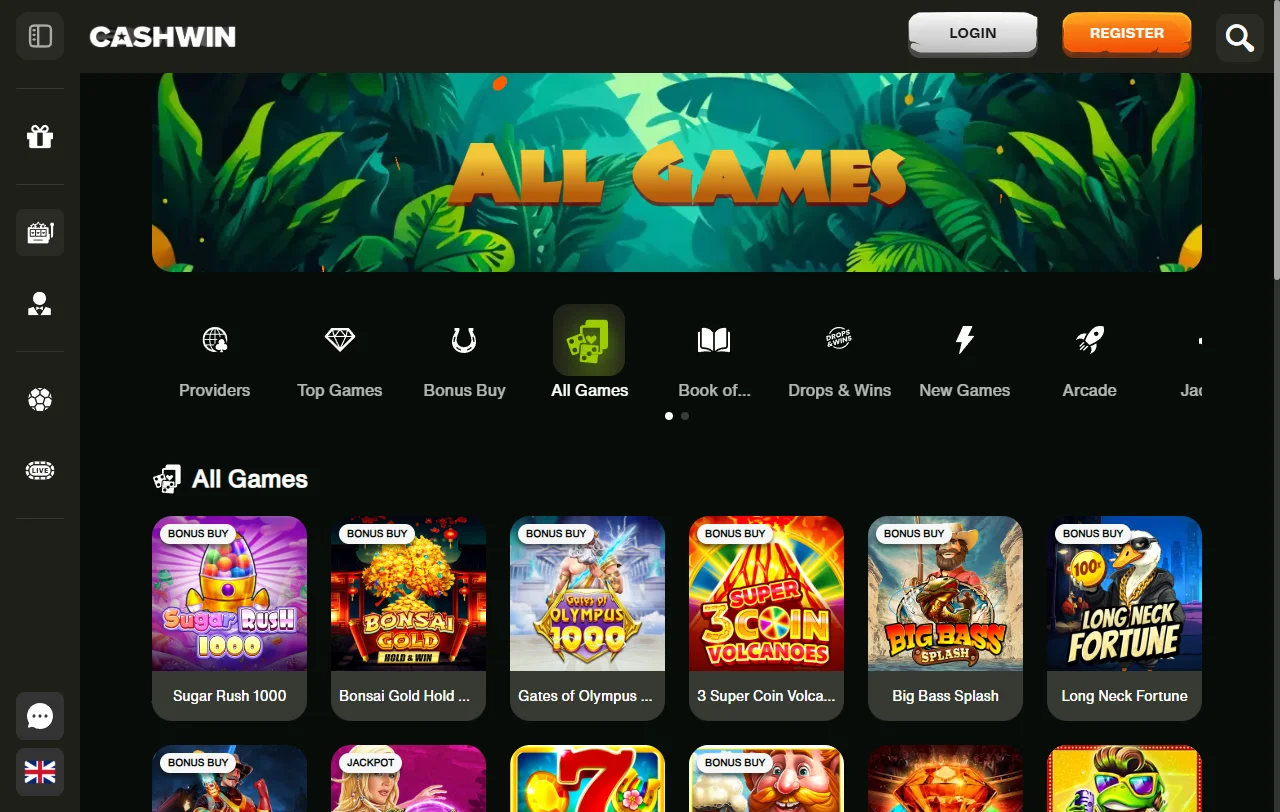 Catálogo de slots e mesas do CashWin Casino por fornecedor