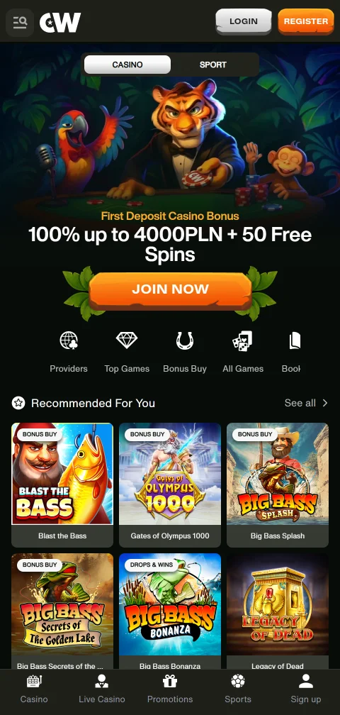 Versão móvel do CashWin Casino aberta no browser do telemóvel