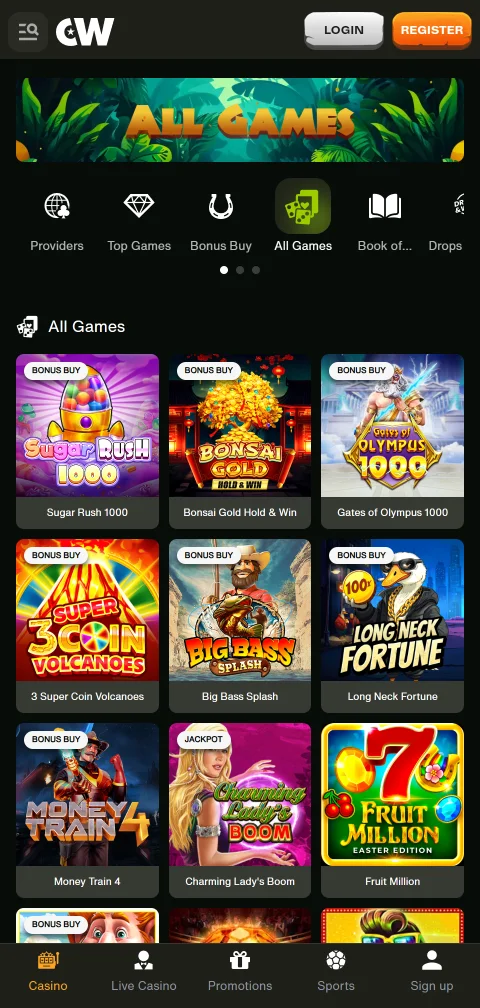 Caixa do CashWin Casino com cartões, carteiras eletrónicas e criptomoedas