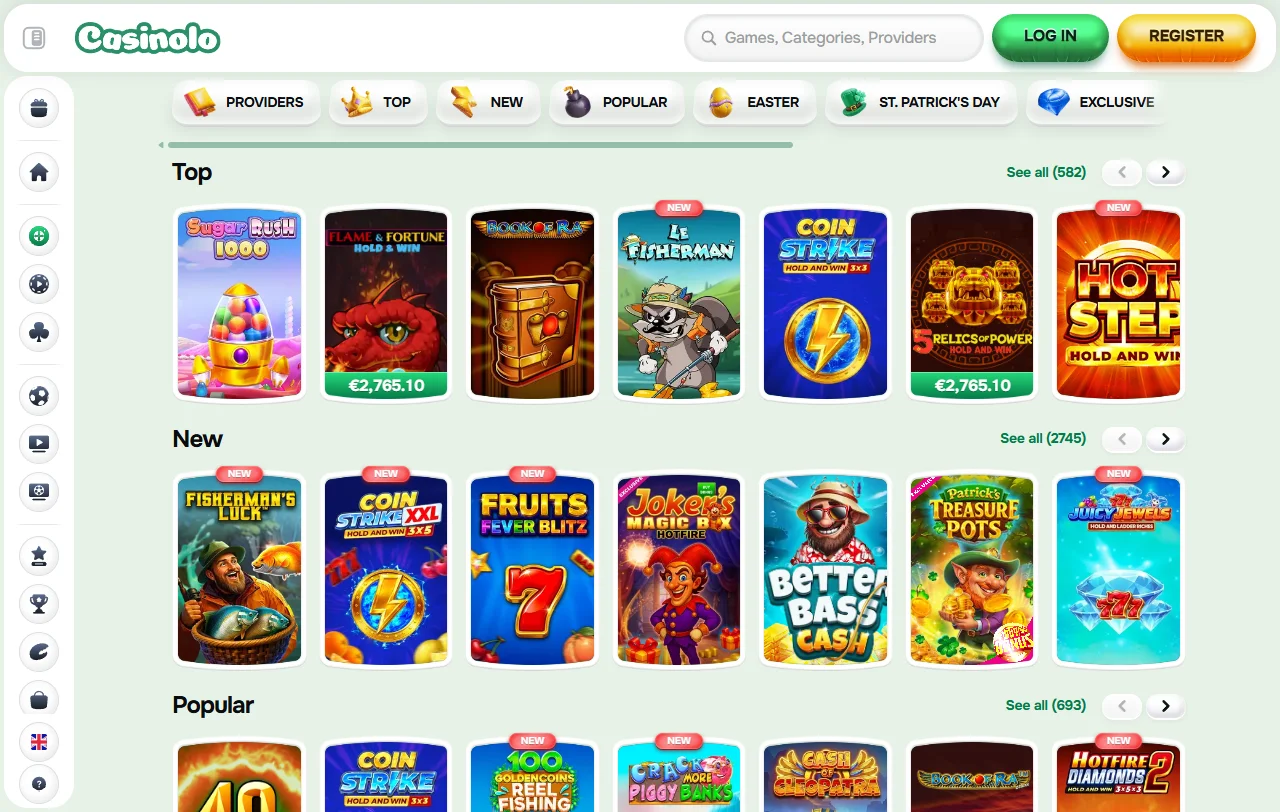 Catálogo do Casinolo com mais de 9 000 jogos de 129 fornecedores