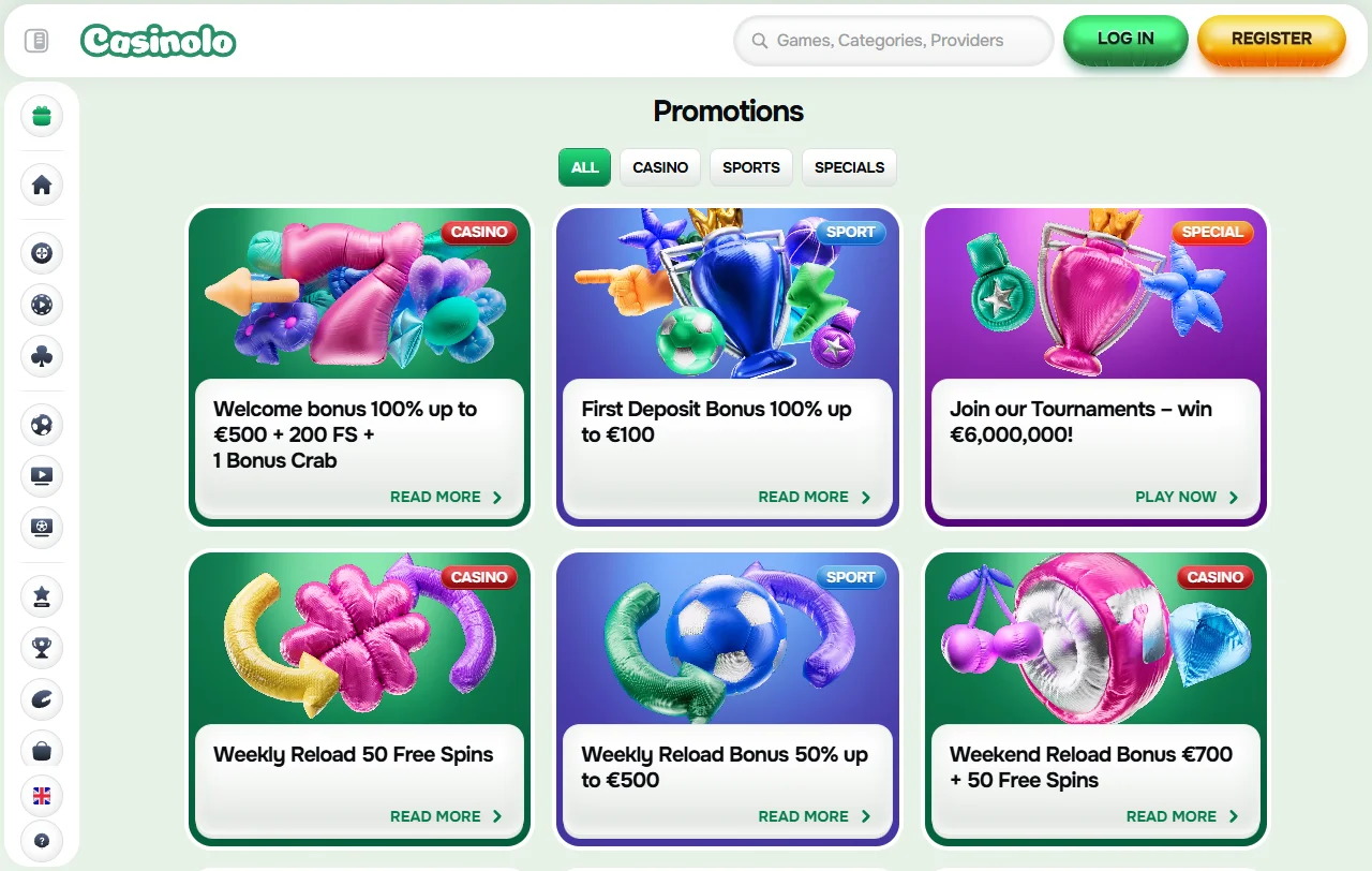 Bónus de boas-vindas do Casinolo de 100% até 500 € com 200 free spins