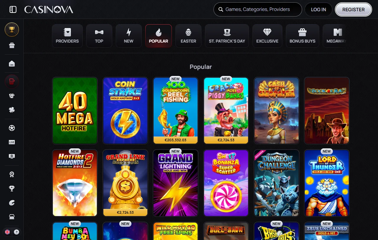 Catálogo do Casinova com mais de 12 000 slots e filtros por categoria