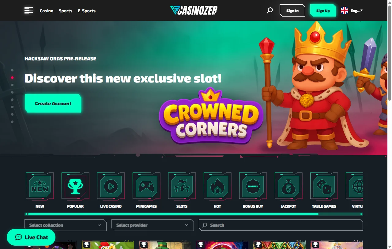 Catálogo do Casinozer com cerca de 6000 jogos da Pragmatic Play e NetEnt