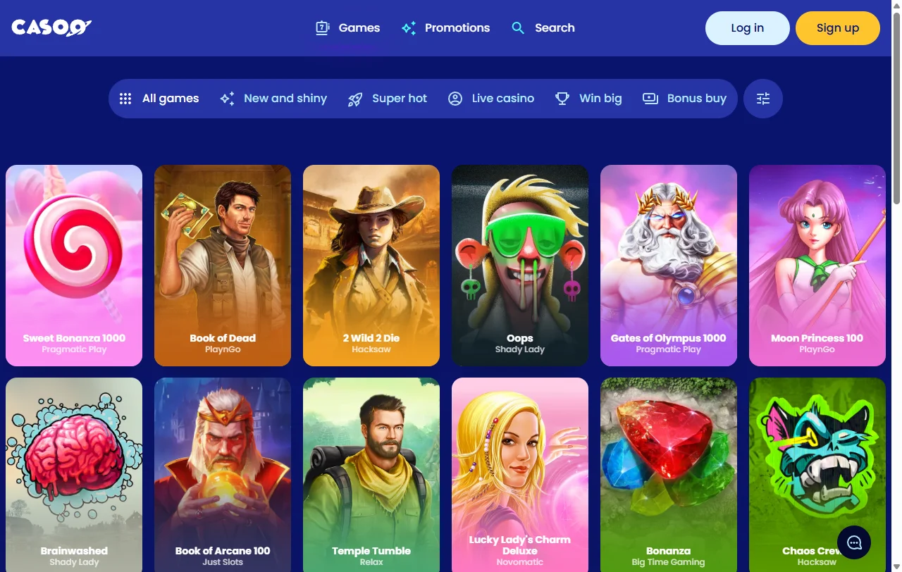 Catálogo do Casoo Casino com cerca de 2500 jogos de 35 estúdios