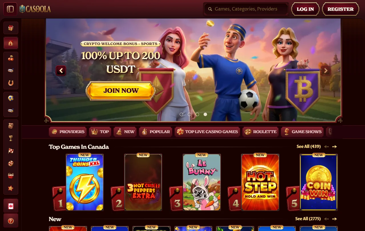 Página inicial do Casoola Casino com o catálogo e as promoções em destaque